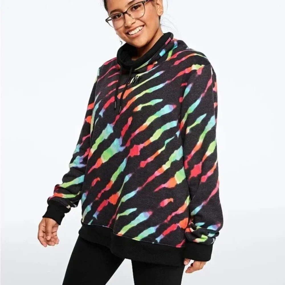 Victoria's Secret Pink Sweatshirt Zebra Rainbow Sherpa Cowl Neck Pullover Medium